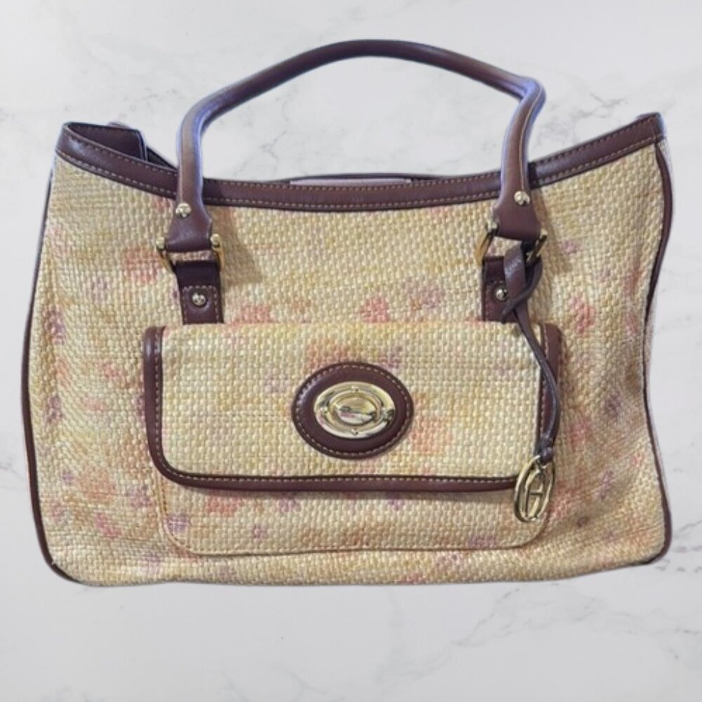 Etienne Aigner Straw Handbag Purse Pink Flowers